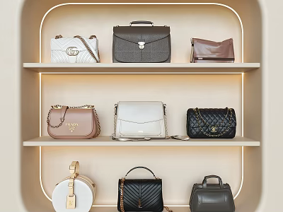 Stylish Fashion Bags Display on Shelves with Various Designs and Colors 3d model