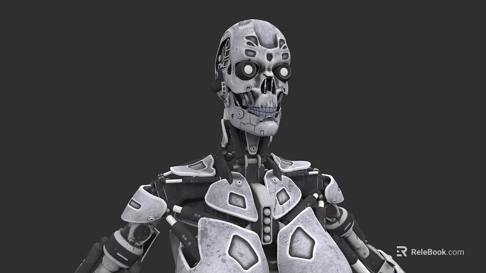 Woman Shaped Robotic Figure With Skull Head Silver Gray Mechanical Body And Dark Background 3d model 