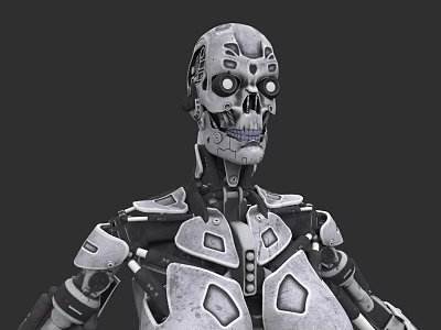 Woman Shaped Robotic Figure With Skull Head Silver Gray Mechanical Body And Dark Background 3d model