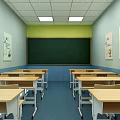 School Classroom Interior With Desks Chairs Blackboard Clock And Now Think Here 3d model