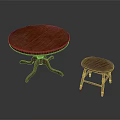 Elegant Round Wooden Table With Small Stool In Neutral Gray Environment 3d model