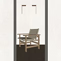 Minimalist Leisure Chair Featuring Wooden Frame Light Colored Cushion In Modern Room With Recessed Lighting