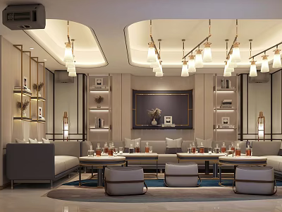 KTV Interior With Modern Elegant Design Chandeliers Sofas Warm Lighting And Decorative Painting 3d model