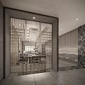 Modern Entryway Hallway Design With Metal Grid Door Marble Wall And Recessed Lighting Accents