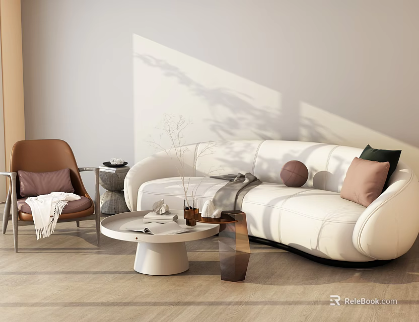 Modern White Curved Sofa and Round Coffee Table Set with Brown Armchair and Decorative Pillows 3d model 