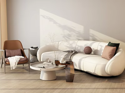 Modern White Curved Sofa and Round Coffee Table Set with Brown Armchair and Decorative Pillows 3d model
