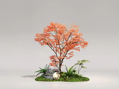 Ornamental Tree with Orange Leaves Green Ferns Gray Stones Round Golden Object on Green Grass 3d model