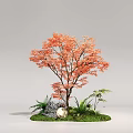 Ornamental Tree with Orange Leaves Green Ferns Gray Stones Round Golden Object on Green Grass