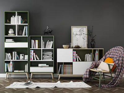 Green and White Bookcases with Shelves Books Decorative Items Armchair Plaid Blanket on Grey Wall 3d model
