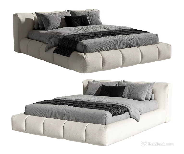 Comfortable Modern Upholstered Double Bed With Gray Sheets And Black Pillows 3d model