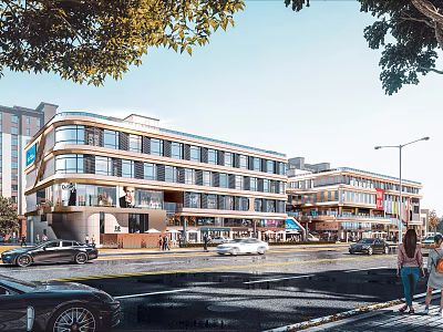 Vibrant Modern Commercial Street With Shops Cars Pedestrians And Lush Trees 3d model