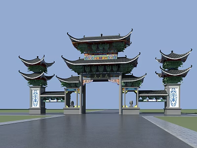 Chinese Ancient Architecture Archway With Green Roof Decorative Eaves And Symmetrical Design 3d model