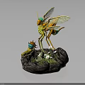 Vibrant Detailed Insect Sculpture With Larva On Stone Base And Small Plants