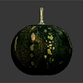 Fresh Green Pumpkin With Yellow Spots And Golden Stem On Dark Background