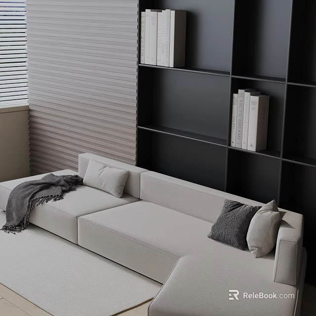 Beige Three Seater Sofa With Gray Blanket And Pillows Against Black Bookshelf And Striped Wall 3d model 