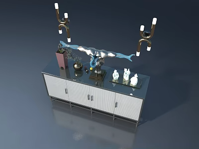 Modern White Display Cabinet With Swing Doors And Decorative Ornaments On Top 3d model
