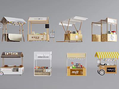 Variety of Modern Outdoor Market Booths with Canopies and Display Shelves 3d model