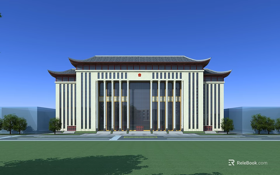 Chinese Traditional Style Office Building With Eaves Exterior And Lawn Garden 3d model 