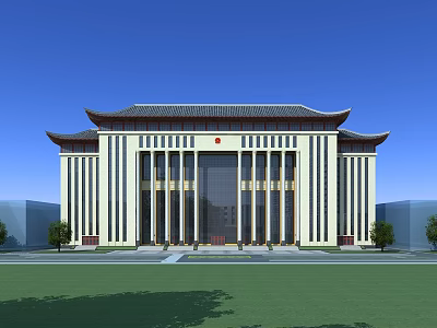 Chinese Traditional Style Office Building With Eaves Exterior And Lawn Garden 3d model