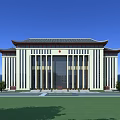 Chinese Traditional Style Office Building With Eaves Exterior And Lawn Garden