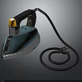Blue Electric Iron With Black Handle Orange Button And Coiled Power Cord