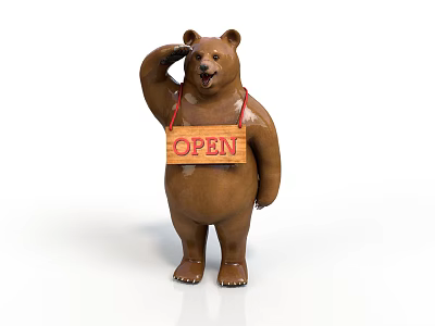 Decorative Brown Bear Statue In Saluting Pose Holding Wooden OPEN Sign 3d model