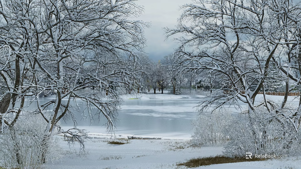 Scenic Winter Garden Landscape With Snow Covered Trees And Frozen Lake View 3d model 