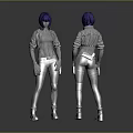 Detailed 3D Character Model With Front Back View Purple Hair White Outfit And Waist Pouch