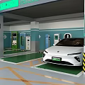 Modern Electric Vehicle Parking Lot With Charging Stations And Green Flooring