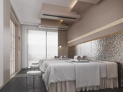 Modern SPA Sauna Interior Design With Massage Beds White Towels Metallic Walls And Soft Lighting 3d model