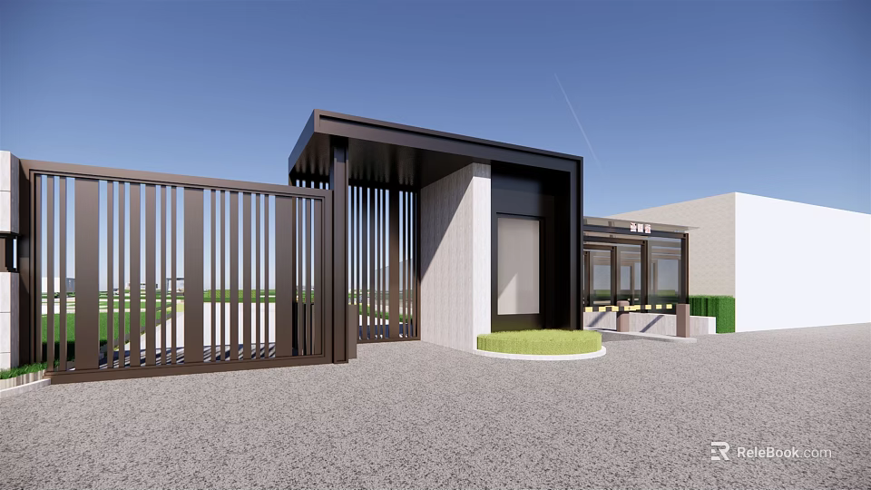 Modern Gate Design With Metal Fence White Building And Blue Sky Courtyard 3d model 
