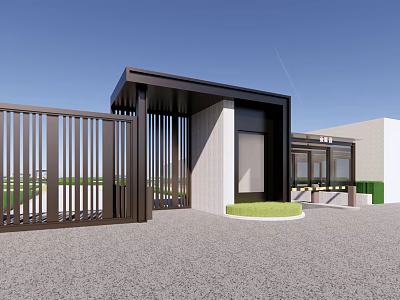 Modern Gate Design With Metal Fence White Building And Blue Sky Courtyard 3d model