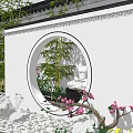 Tranquil Courtyard Garden With Circular Window Buddha Statue Bamboo And Pink Blossoms