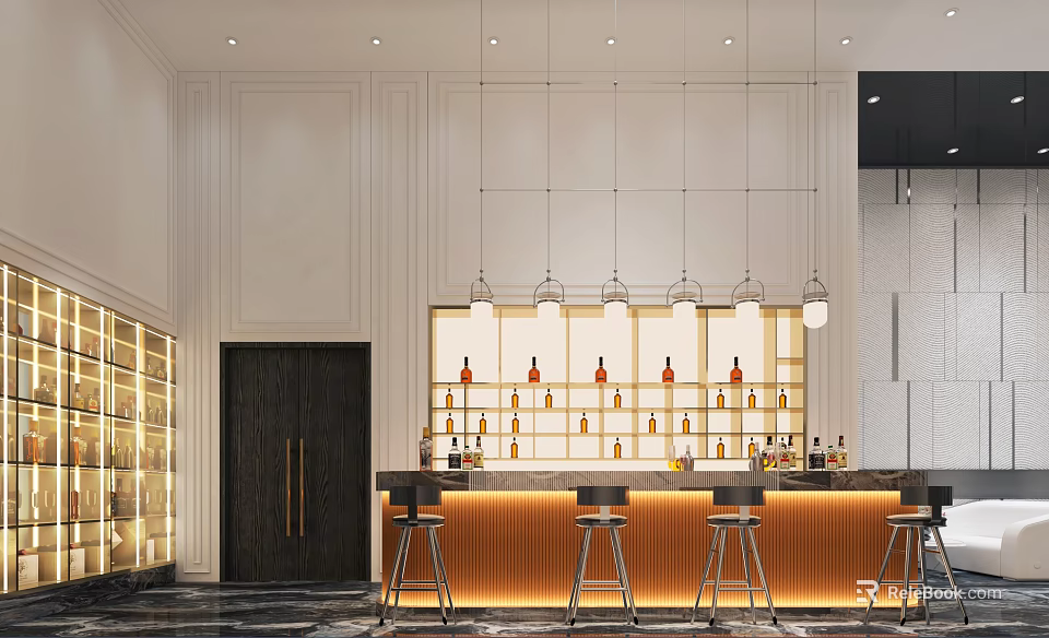 Elegant Modern Bar Counter With High Stools And Wine Racks Under Pendant Lights 3d model 