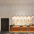 Elegant Modern Bar Counter With High Stools And Wine Racks Under Pendant Lights