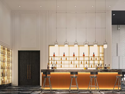 Elegant Modern Bar Counter With High Stools And Wine Racks Under Pendant Lights 3d model