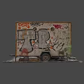 Graffiti Covered Mobile Trailer With Colorful Street Art And Weathered Surfaces Parked On Urban Street