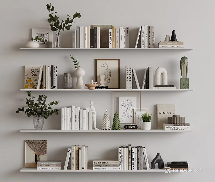 Decorative Ornament Combinations Shelf Display With Books Vases Green Plants And Framed Art 3d model 