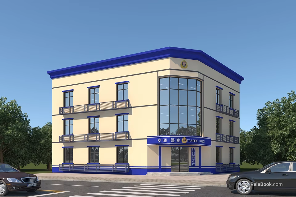 Modern Police Station Building Exterior With Blue Accents Beige Walls Glass Windows And Street Trees 3d model 