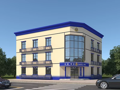 Modern Police Station Building Exterior With Blue Accents Beige Walls Glass Windows And Street Trees 3d model