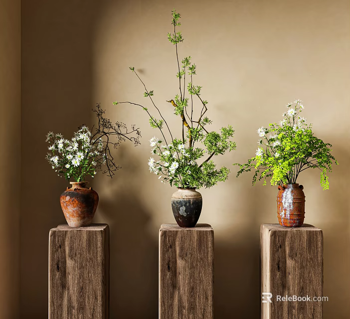Bonsai Plants in Vases with Green Foliage White Flowers on Wooden Stands Beige Background 3d model 
