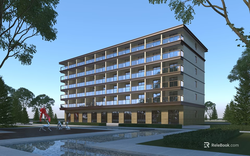 Multi story Modern Office Building with Glass Windows Surrounded by Landscaping Water Feature and Sculpture 3d model 