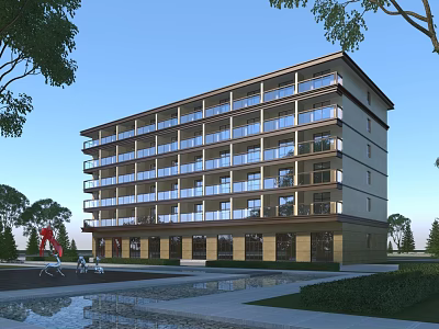 Multi story Modern Office Building with Glass Windows Surrounded by Landscaping Water Feature and Sculpture 3d model