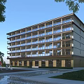 Multi story Modern Office Building with Glass Windows Surrounded by Landscaping Water Feature and Sculpture