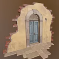 Vintage Blue Door with Number 16 on Yellow Wall and Broken Brickwork with Stone Steps