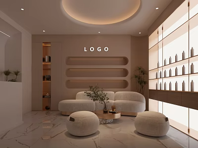 Modern Hotel Public Lounge With Beige Round Sofa Marble Floor Stools And Circular Ceiling Light 3d model