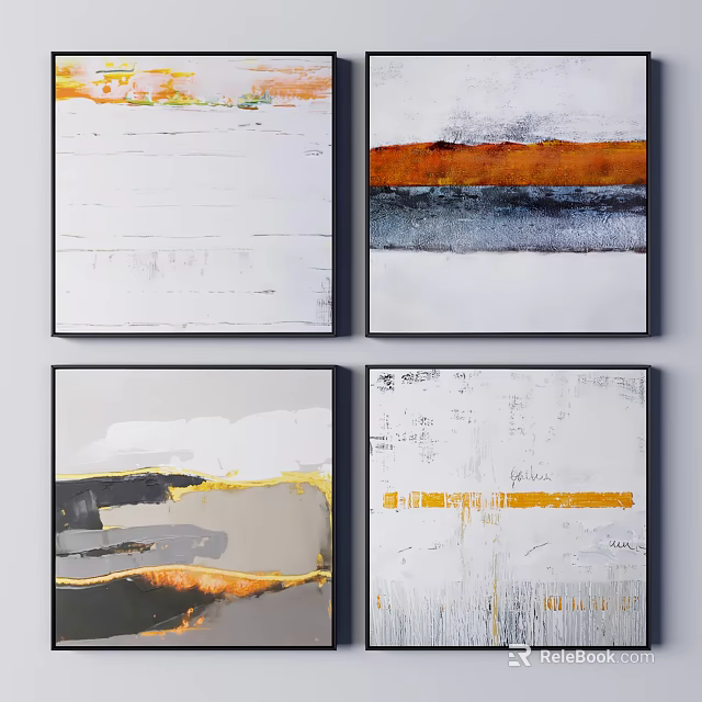 Modern Abstract Paintings With Colorful Strokes In Black Frames On Wall 3d model