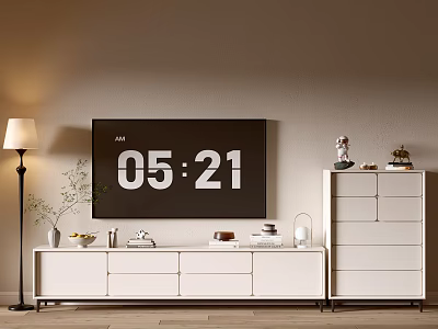 White TV Stand with TV Floor Lamp and Decorations Next to Chest of Drawers 3d model