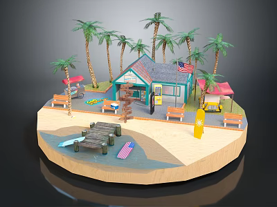 Tropical Garden Landscape With Palm Trees Beach Cabin Wooden Dock Benches And Surfboard 3d model