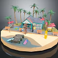 Tropical Garden Landscape With Palm Trees Beach Cabin Wooden Dock Benches And Surfboard